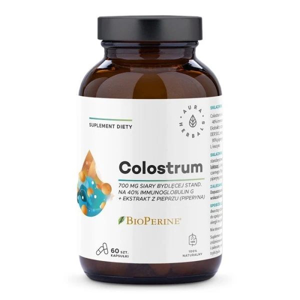 Aura Herbals, Colostrum 700mg + Bioperine, 60 kapsułek