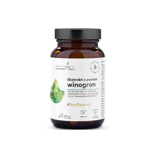 Aura Herbals, ekstrakt z pestek winogron, 60 kapsułek