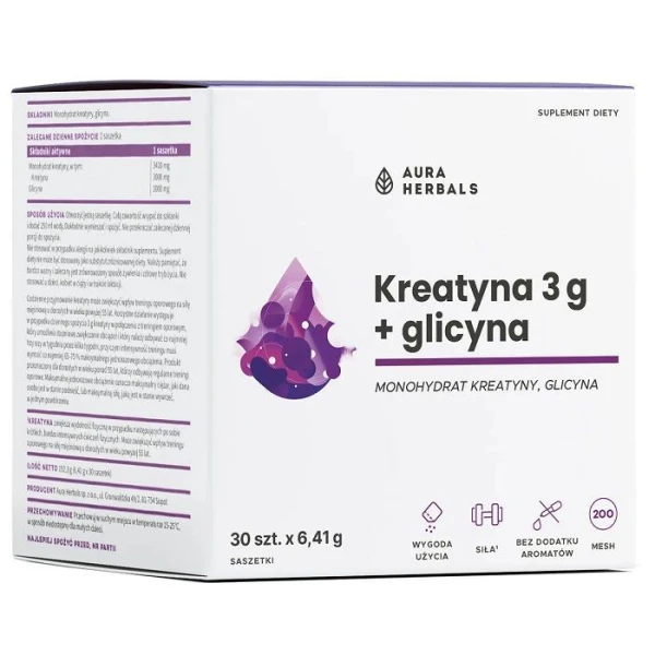 Aura Herbals, Kreatyna 3g + Glicyna, 30 saszetek