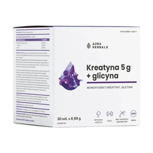 Aura Herbals, Kreatyna 5g + Glicyna, 30 saszetek
