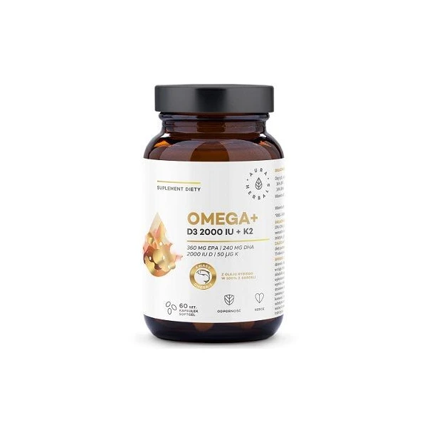 Aura Herbals, Omega + witamina D3 2000IU + K2, 60 kapsułek