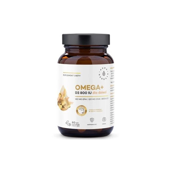 Aura Herbals, Omega + Witamina D3 800 IU, dla dzieci od 1 roku życia, 60 kapsułek twist-off