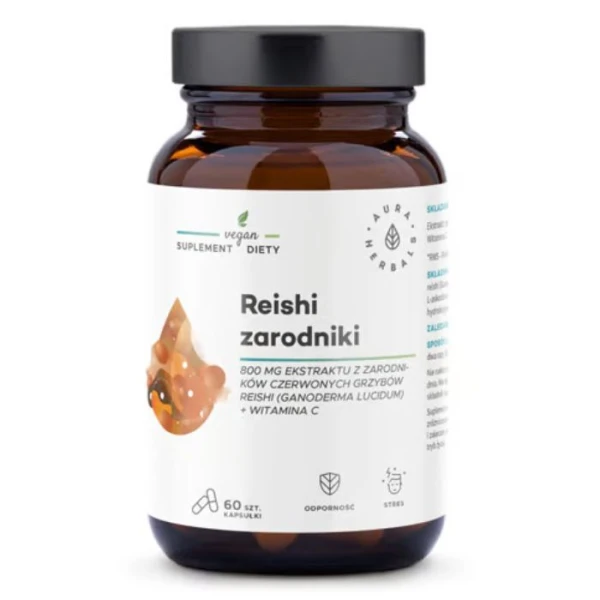 Aura Herbals, Reishi zarodniki 800mg + witamina C, 60 kapsułek