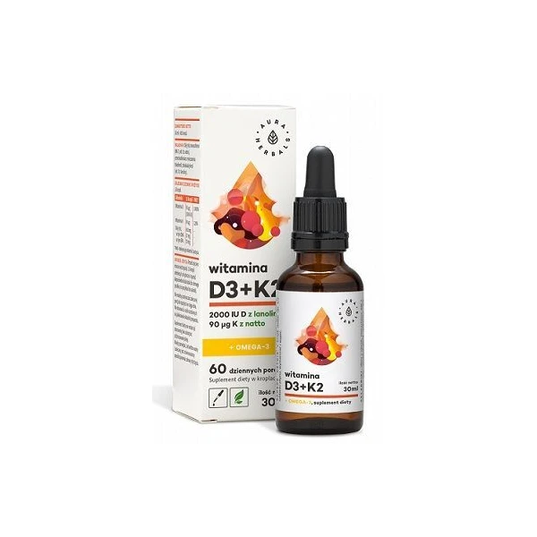 Aura Herbals, Witamina D3 2000IU + K2 + Omega-3, krople doustne, 30ml