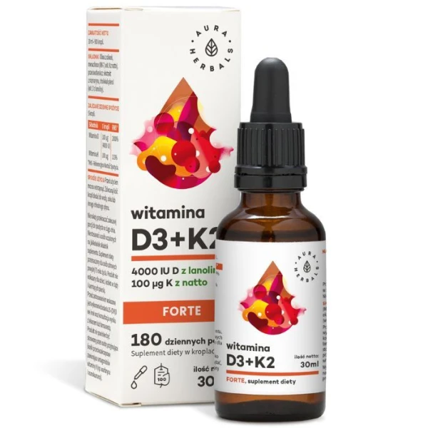 Aura Herbals, Witamina D3 4000IU + K2, krople doustne, 30ml