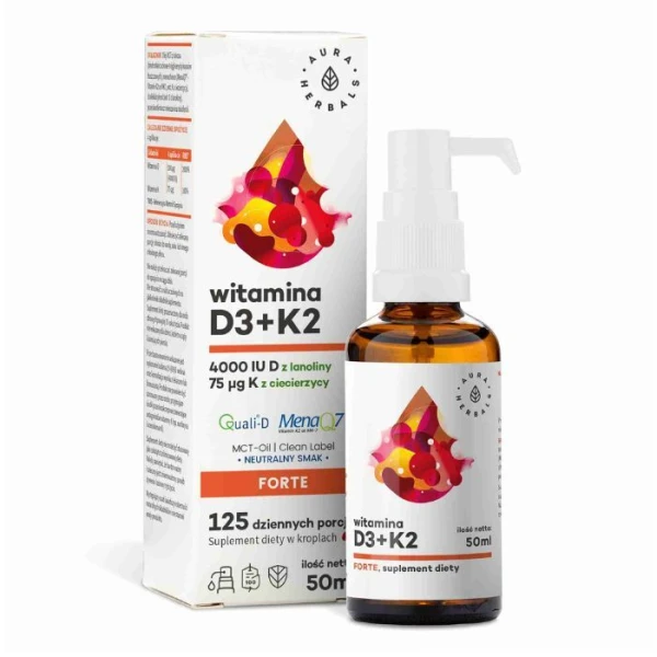 Aura Herbals, Witamina D3 4000IU + K2, krople doustne, 50ml