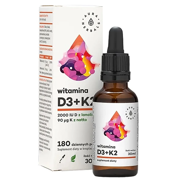 Aura Herbals, Witamina D3 2000IU + K2 90mcg, krople, 30ml