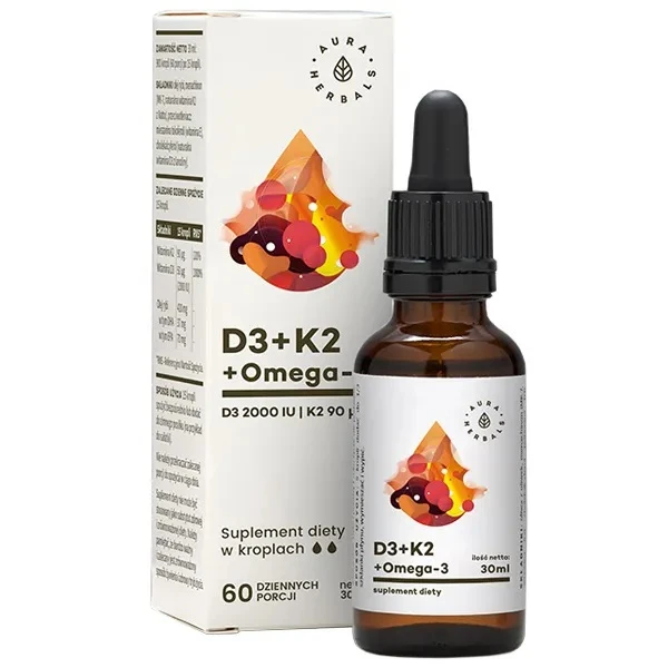 Aura Herbals, Witamina D3 2000IU + K2 + Omega-3, krople doustne, 30ml