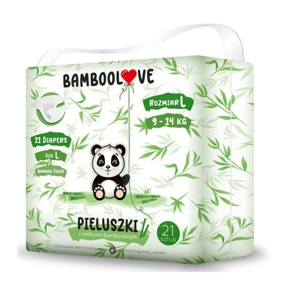Bamboolove, pieluszki jednorazowe, bambusowe, rozmiar L, waga 9-14 kg, 21 sztuk