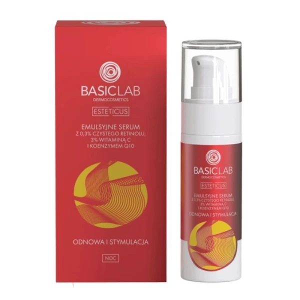 BasicLab Esteticus, Odnowa i Stymulacja, emulsyjne serum z 0,3% czystego retinolu, 3% witaminą C i koenzymem Q10, na noc, 30ml