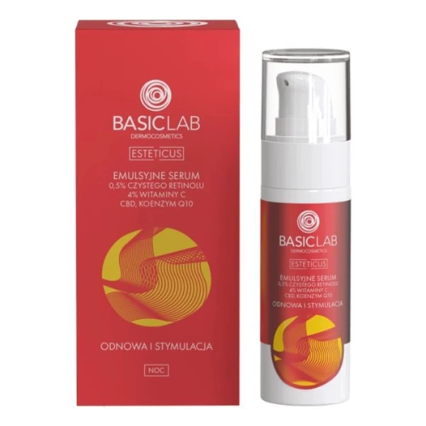 BasicLab Esteticus, Odnowa i Stymulacja, emulsyjne serum z 0,5% czystego retinolu, 4% witaminy C, CBD i koenzymem Q10, 30ml