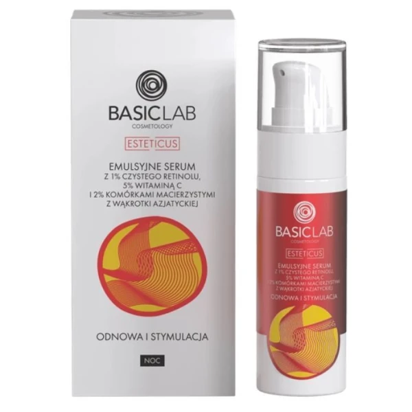 BasicLab Esteticus, Odnowa i Stymulacja, emulsyjne serum z 1% czystego retinolu, 5% witaminą C i 2% komórkami macierzystymi, na noc, 30ml