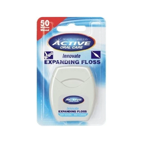 Beauty Formulas Active Oral Care, nić dentystyczna pęczniejąca, miętowa, z fluorem, 50m