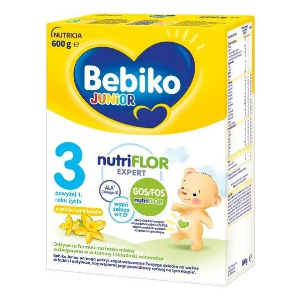Bebiko Junior 3 NutriFlor Expert, formuła na bazie mleka, po 1 roku życia, o smaku waniliowym, 600g
