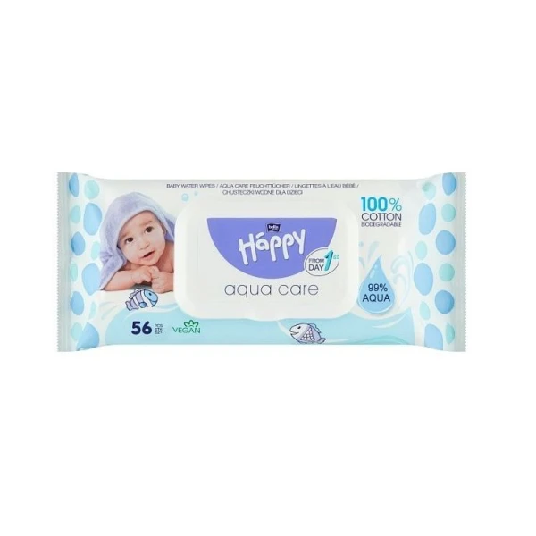 Bella Baby Happy Aqua Care, chusteczki nasączane na bazie wody, od 1 dnia życia, 56 sztuk