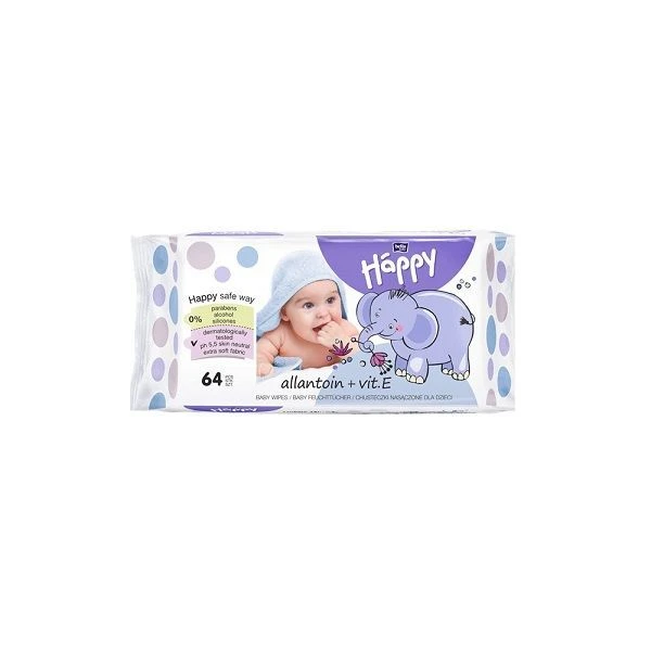 Bella Baby Happy, chusteczki nasączane, z alantoiną i witaminą E, 64 sztuki