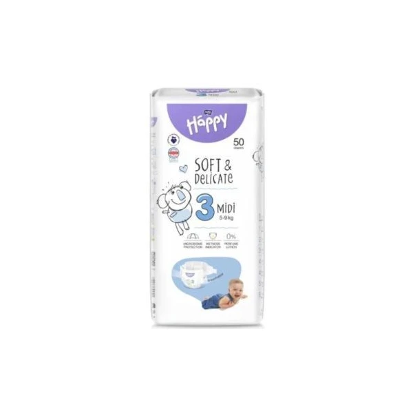 Bella Happy Midi, pieluszki jednorazowe, rozmiar 3, waga 5-9kg, 50 sztuk