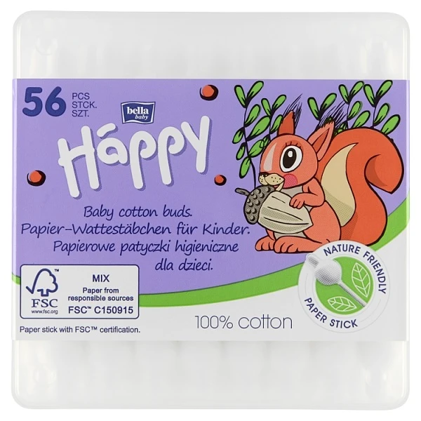 Bella Happy, patyczki higieniczne z ogranicznikiem, dla niemowląt i dzieci, 56 sztuk
