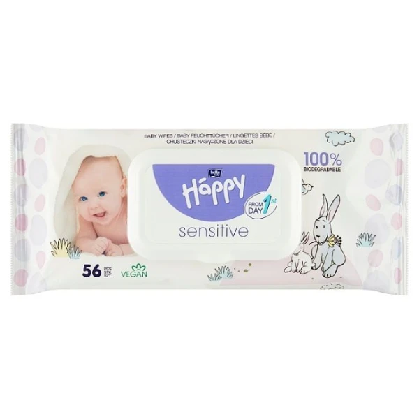 Bella Happy Sensitive, chusteczki nasączone z klipsem, z wyciągiem z aloesu, 56 sztuk