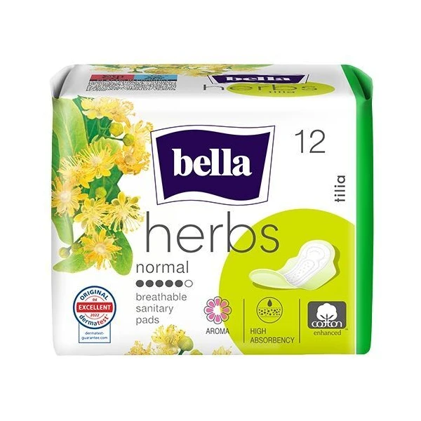 Bella Herbs, Tilia, podpaski ze skrzydełkami, z kwiatem lipy, chłonność 5/6, 12 sztuk
