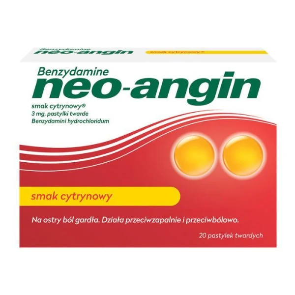 Benzydamine Neo-Angin 3mg, smak cytrynowy, po 6 roku życia, 20 pastylek do ssania