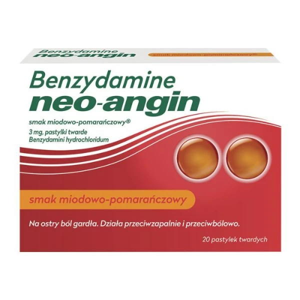 Benzydamine Neo-Angin 3mg, smak miodowo-pomarańczowy, po 6 roku życia, 20 pastylek do ssania