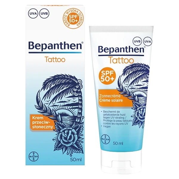 Bepanthen Tattoo, krem przeciwsłoneczny do skóry wytatuowanej SPF 50+, 50ml