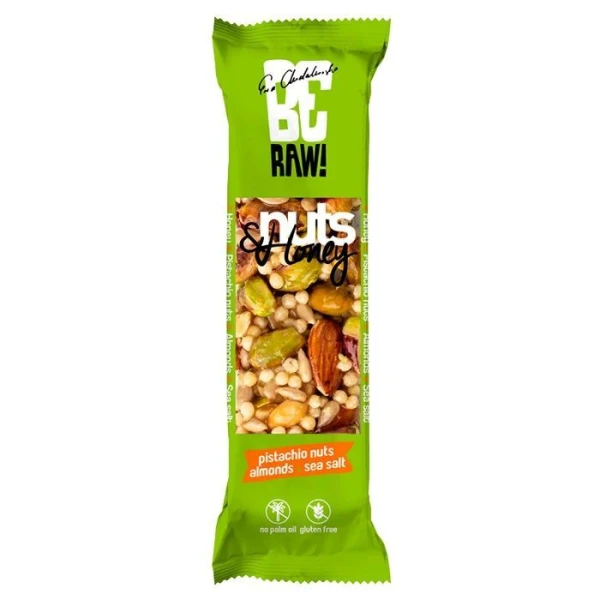 BeRAW! Nuts & Honey, baton z miodem, pistacjami, migdałami oraz sola morską, 30g