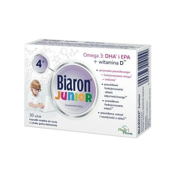 Biaron Junior, smak gumy balonowej, po 4 roku życia, 30 kapsułek do żucia