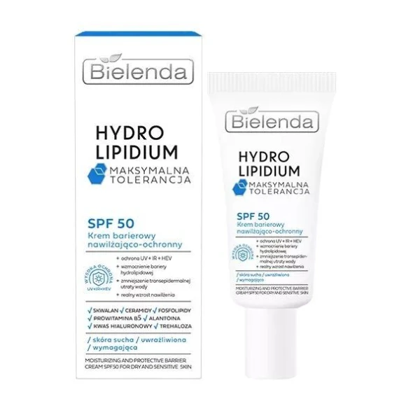 Bielenda Hydro Lipidium, krem barierowy SPF50 nawilżająco-ochronny, skóra sucha i wrażliwa, 30ml