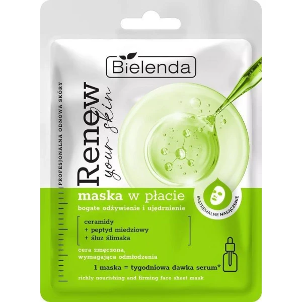 Bielenda Renew Your Skin, maska w płacie bogate odżywienie i ujędrnienie, cera zmęczona i wymagająca odmłodzenia, 1 sztuka