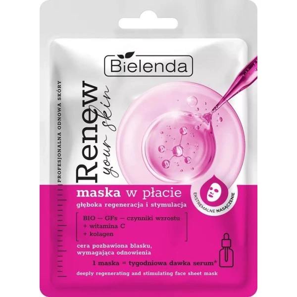 Bielenda Renew Your Skin, maska w płacie głęboka regeneracja i stymulacja, cera pozbawiona blasku, 1 sztuka