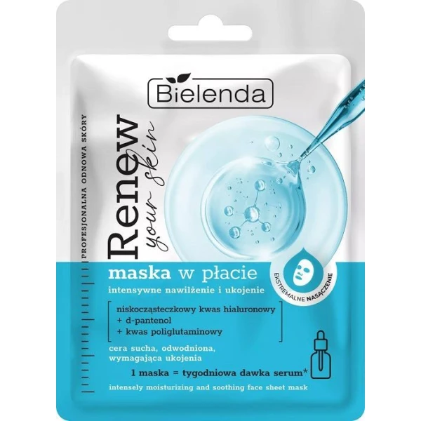 Bielenda Renew Your Skin, maska w płacie intensywne nawilżenie i ukojenie, cera sucha i odwodniona, 1 sztuka