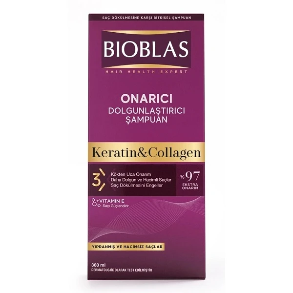 Bioblas Keratin & Collagen, szampon ziołowy z kolagenem i keratyną, do włosów cienkich i zniszczonych, 360ml