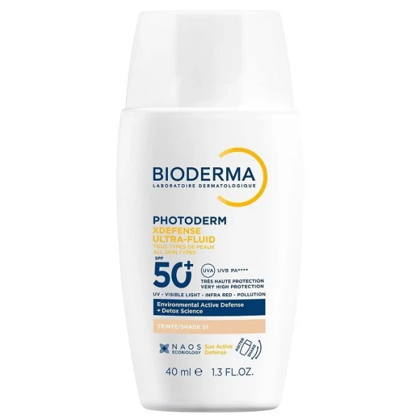 Bioderma Photoderm XDefense Ultra Fluid, ochronny ultralekki fluid SPF50+ o działaniu detoksykującym, kolor 01, 40ml