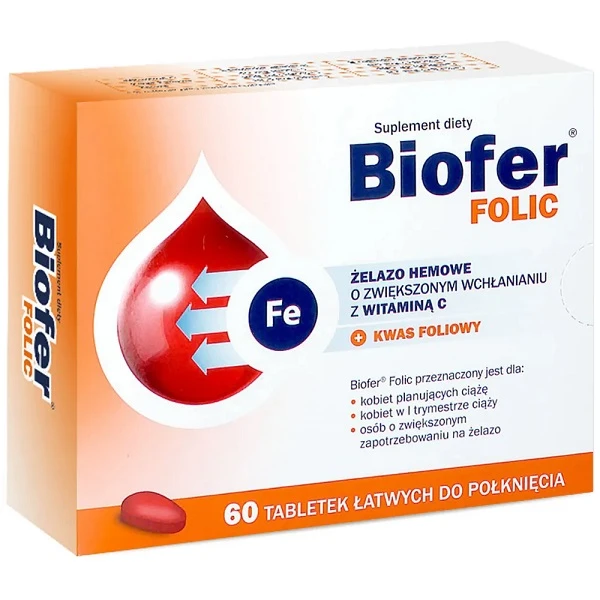 Biofer Folic, żelazo hemowe z witaminą C i kwasem foliowym, 60 tabletek