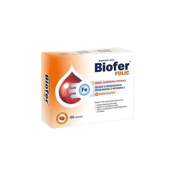Biofer Folic, żelazo hemowe z witaminą C i kwasem foliowym, 60 tabletek