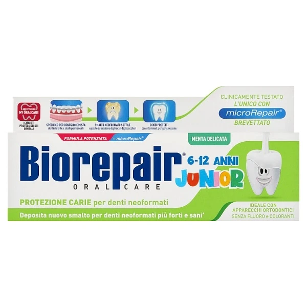 Biorepair Junior, pasta do zębów dla dzieci, 6-12 lat,, bez fluoru, delikatna mięta, 75 ml