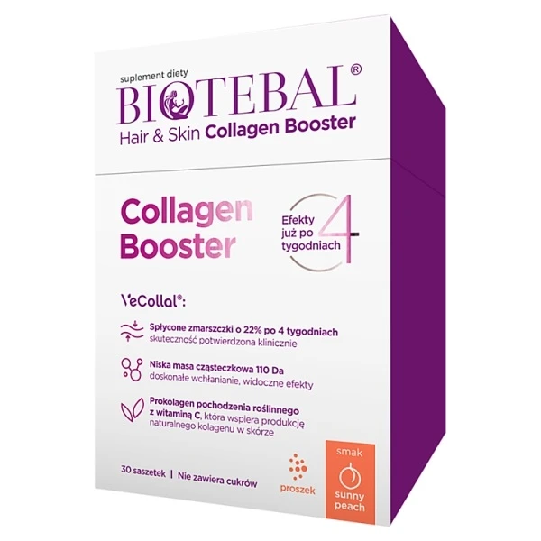 Biotebal Hair & Skin Collagen Booster, proszek, smak brzoskwiniowy, bez cukru, 30 saszetek