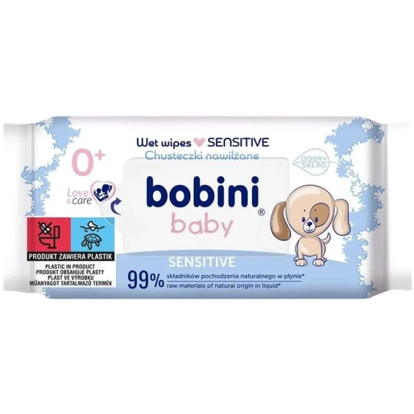 Bobini Baby, chusteczk nawilżane Sensitive, rumianek i aloes, od urodzenia, 60 sztuk