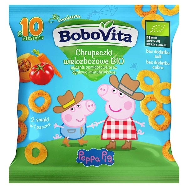 Bobovita Bio, chrupeczki wielozbożowe pomidorowe oraz dyniowo-marchewkowe, po 10 miesiącu, 20g