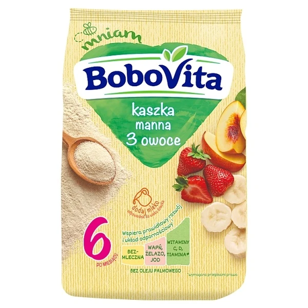 BoboVita, kaszka manna, 3 owoce, bezmleczna, po 6 miesiącu, 180g