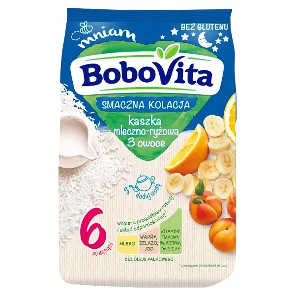 BoboVita Smaczna Kolacja, kaszka mleczno-ryżowa, 3 owoce, po 6 miesiącu, 230g