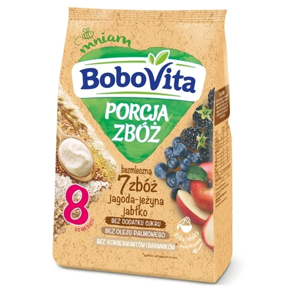 BoboVita Porcja Zbóż, bezmleczna kaszka 7 zbóż, jagoda, jeżyna i jabłko, po 8 miesiącu, 170g