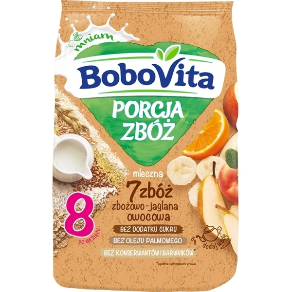 BoboVita Pierwsza Łyżeczka, kaszka mleczna zbożowo-jaglana, 7 zbóż, owocowa, po 8 miesiącu, 210g