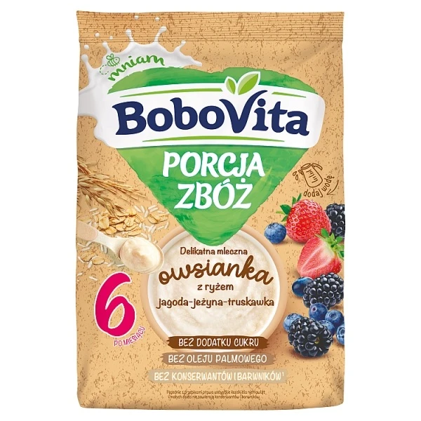 [DATA - 2026-10-13] BoboVita Porcja Zbóż, delikatna mleczna owsianka z ryżem, jagoda, jeżyna, truskawka, po 6 miesiącu, 210g