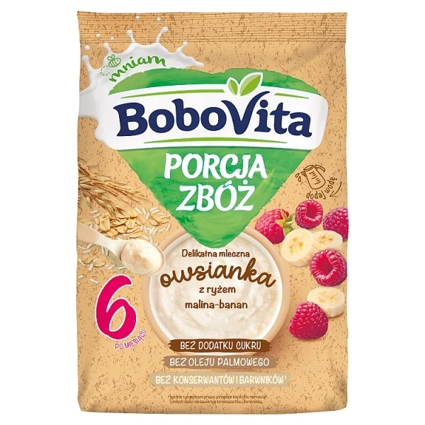 BoboVita Porcja Zbóż, delikatna mleczna owsianka z ryżem, malina i banan, po 6 miesiącu, 210g