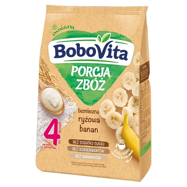 BoboVita Porcja Zbóż, Pierwsza Łyżeczka, kaszka bezmleczna ryżowa, banan, po 4 miesiącu, 170g