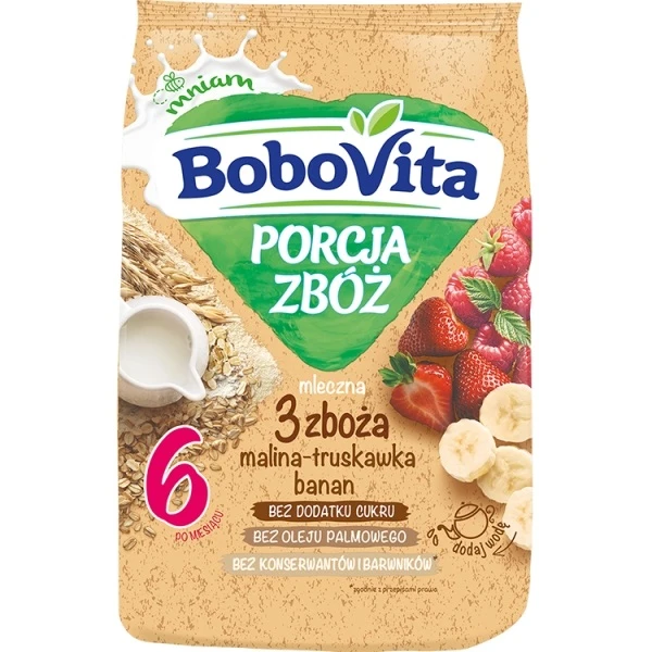 BoboVita Porcja Zbóż, kaszka mleczna 3 zboża, malina, truskawka, banan, po 6 miesiącu życia, 210g