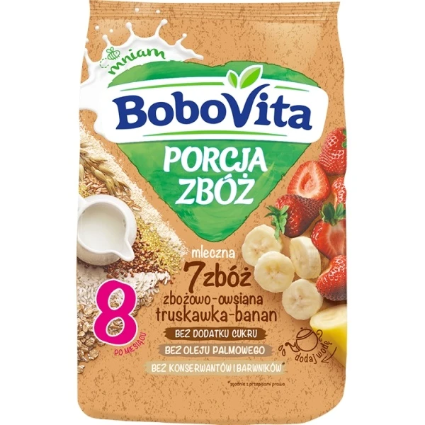 BoboVita Porcja Zbóż, kaszka mleczna 7 zbóż, zbożowo-owsiana, truskawka i banan, po 8 miesiącu, 210g